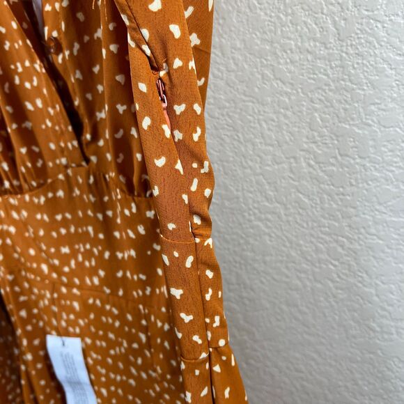 Topshop Sz 4 Long Sleeve Rust Orange Spot Chiffon Collared Midi Shirt Dress - Picture 12 of 16